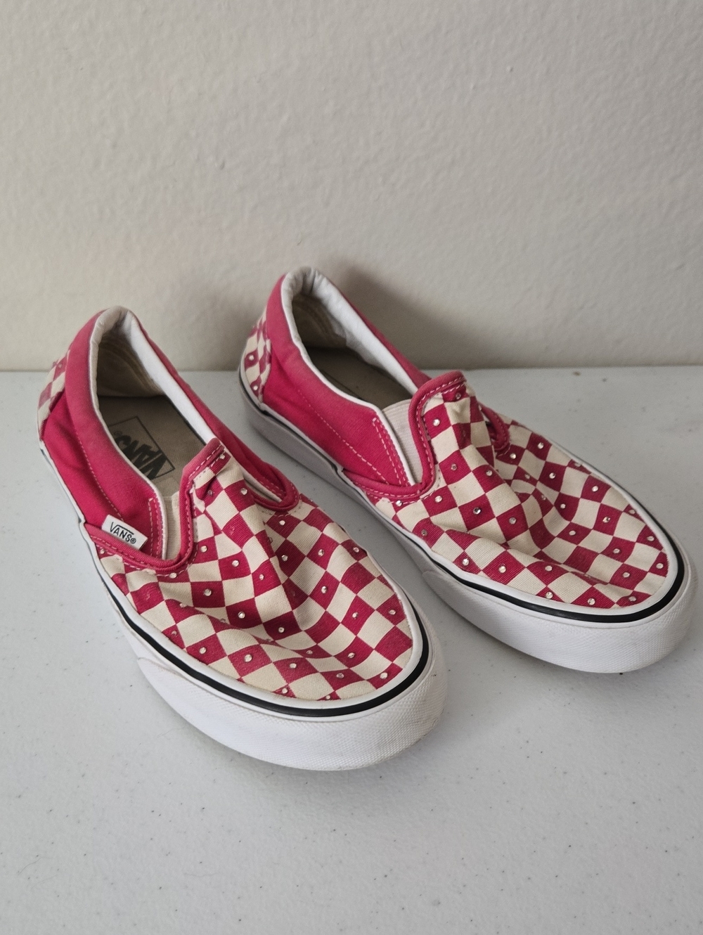 Vans Classic Slip-On Pink Checkerboard Custom Rhinestone Shoes Women’s 9 Y2K